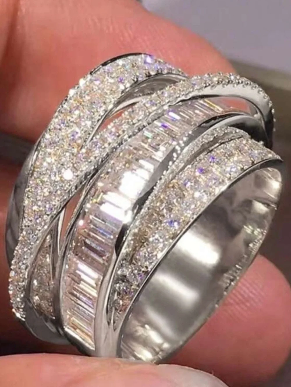 Elegant Silver Crystal Multi-Band Spiral Ring